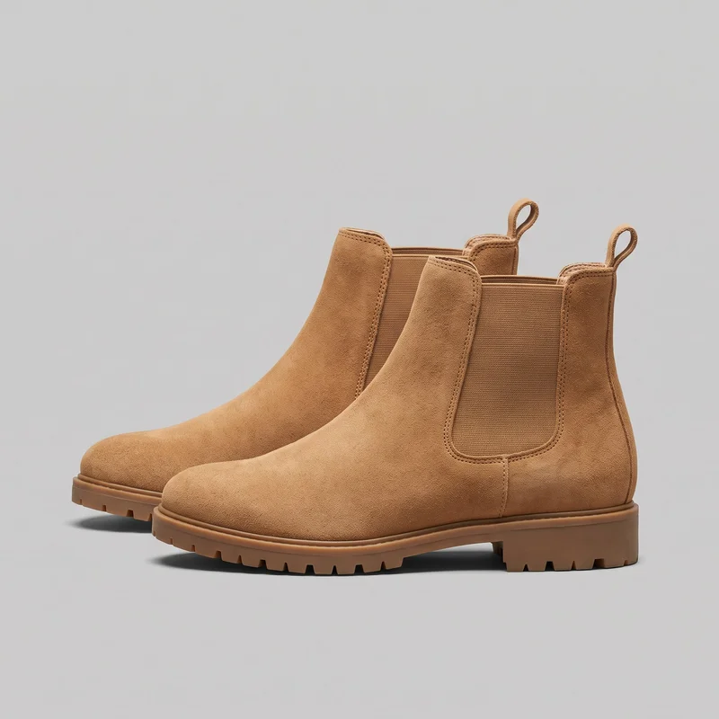 A pair of tan suede Chelsea ankle boots is shown in a standalone three-quarter side view, with one boot slightly forward. The boots have rounded toes, close ankle shafts, elastic side gore panels, rear pull tabs, stitched edging, low block heels, and lugged outsoles with deep tread notches.