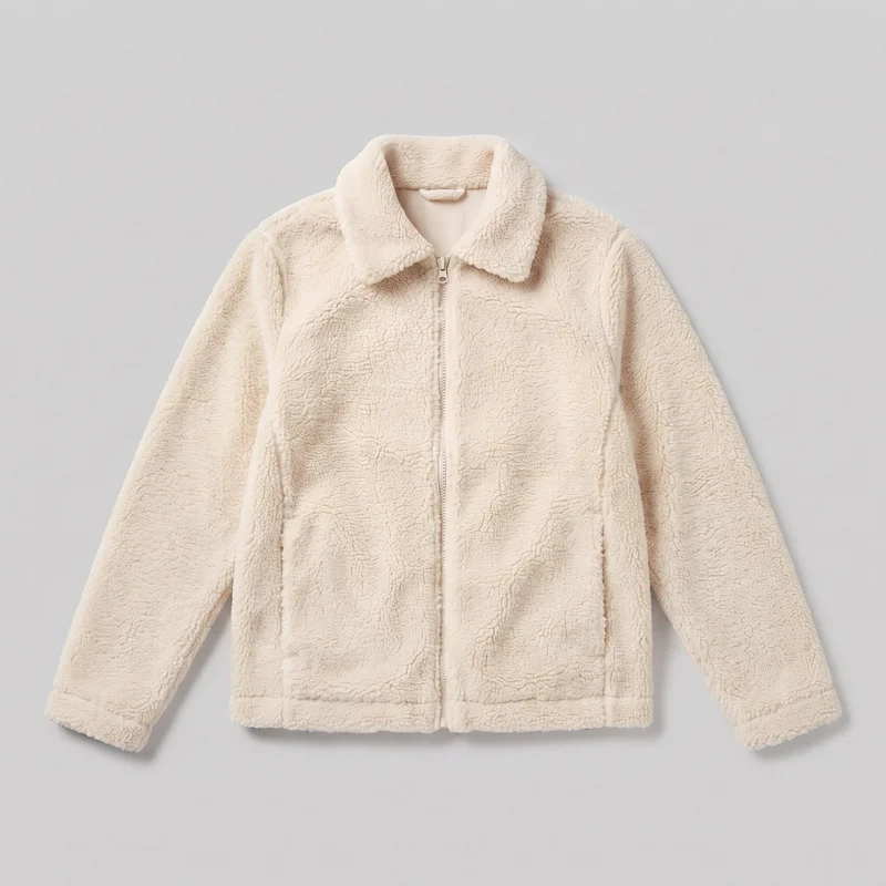 A mostly complete front view of a women's cream sherpa fleece jacket laid flat against a backdrop. The textured pile jacket has a spread collar, centered full-length zipper with a visible pull, dropped shoulders, straight full-length sleeves with simple cuffs, vertical raised front panel seams, two lower vertical pocket openings, a hip-length cut, and a straight hem band.
