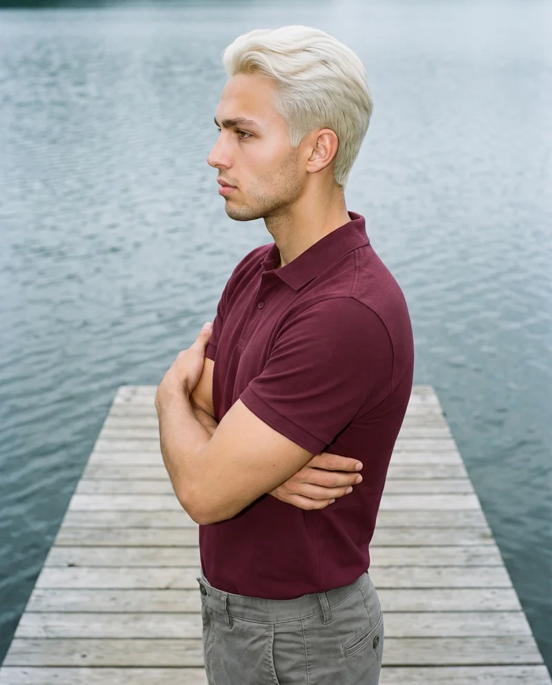 An 18-year-old Caucasian man wears a burgundy pique polo shirt in an upper-body side view. He holds himself in a self-hug pose with a natural expression, against a lakeside dock backdrop.