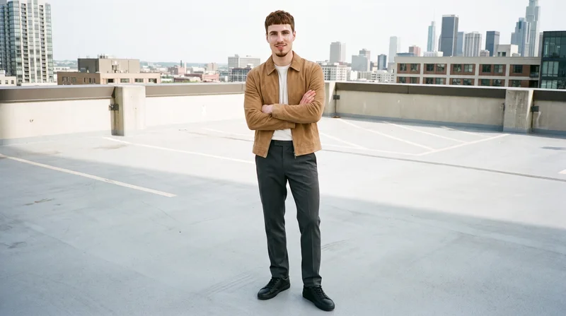 A 25-year-old Caucasian man wears a tan suede jacket with his arms crossed and smiles in a front three-quarter view. He is shown in an environmental composition against a parking garage rooftop backdrop.