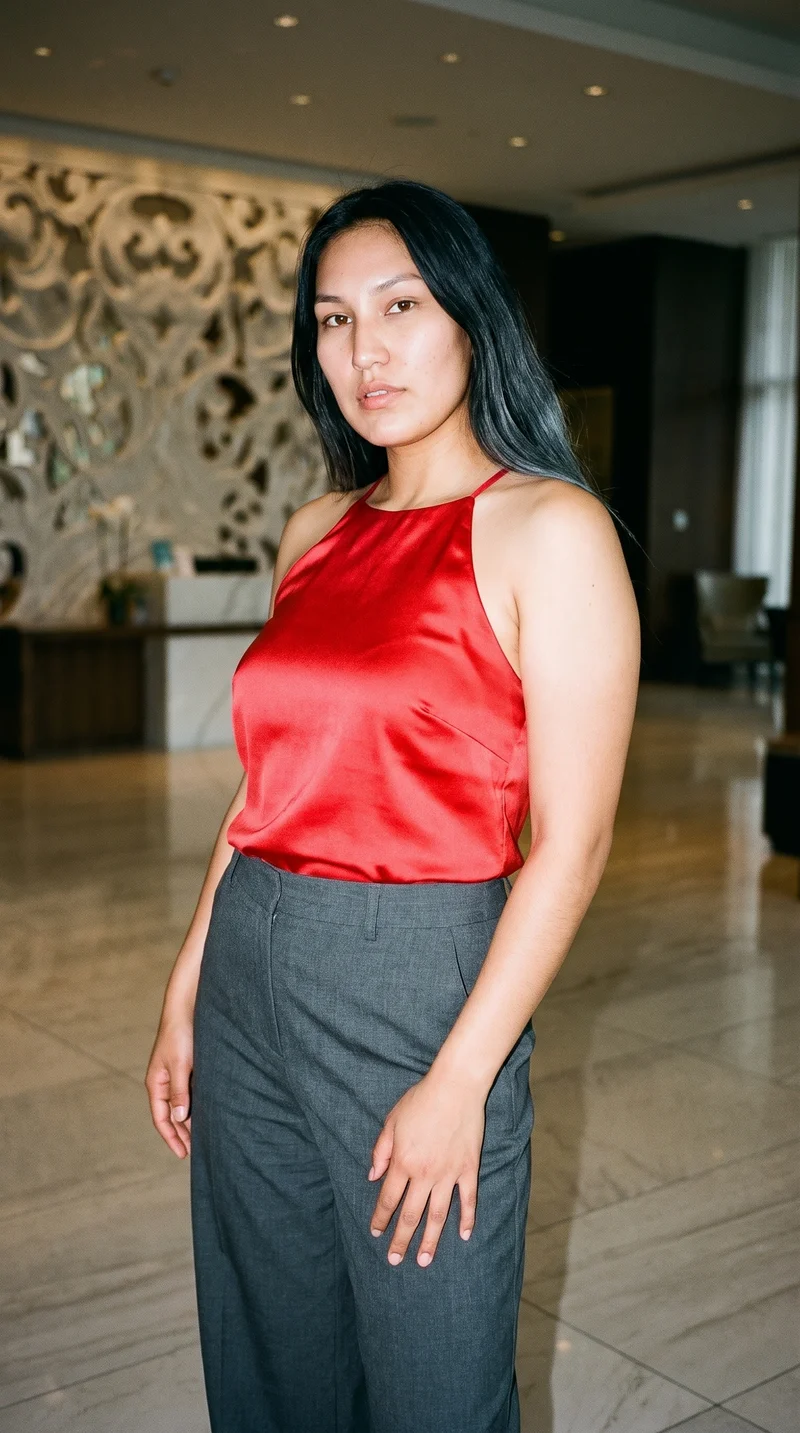 An 18-year-old Indigenous American woman wears a red satin halter top in a three-quarter-length, front-view composition. She stands in a waist twist with a soft facial expression against a hotel lobby backdrop.