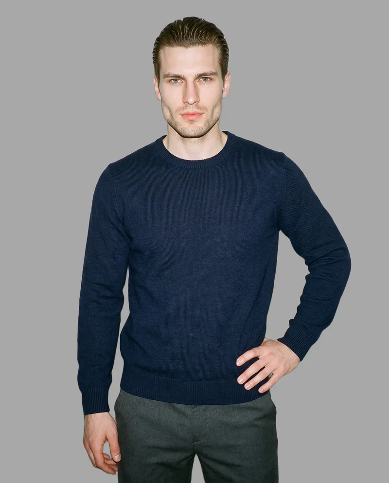 Men's Navy Wool Pullover Jumper, Three-quarter length at Front, Studio Cutout lighting