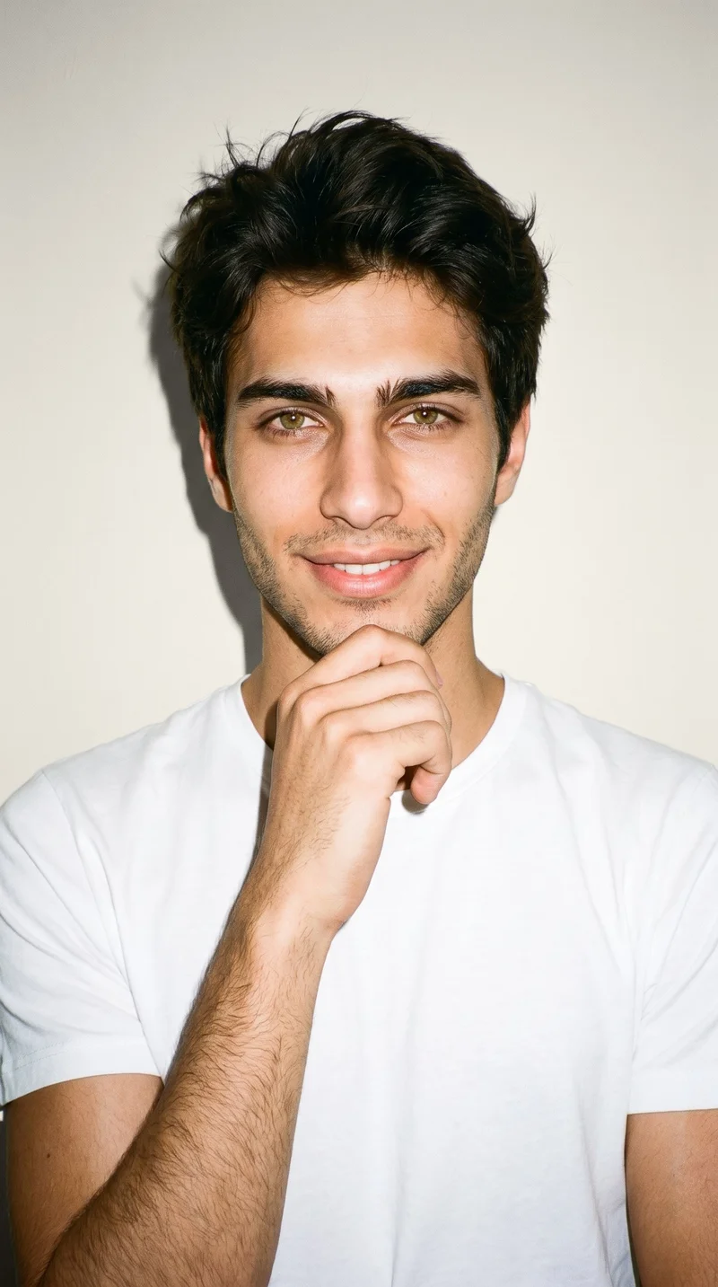 A 20-year-old Turkish man wears a white crew-neck T-shirt in a front-facing bust view. He is smiling with one wrist raised near his jaw, against an Oyster Pearl studio-wall backdrop.