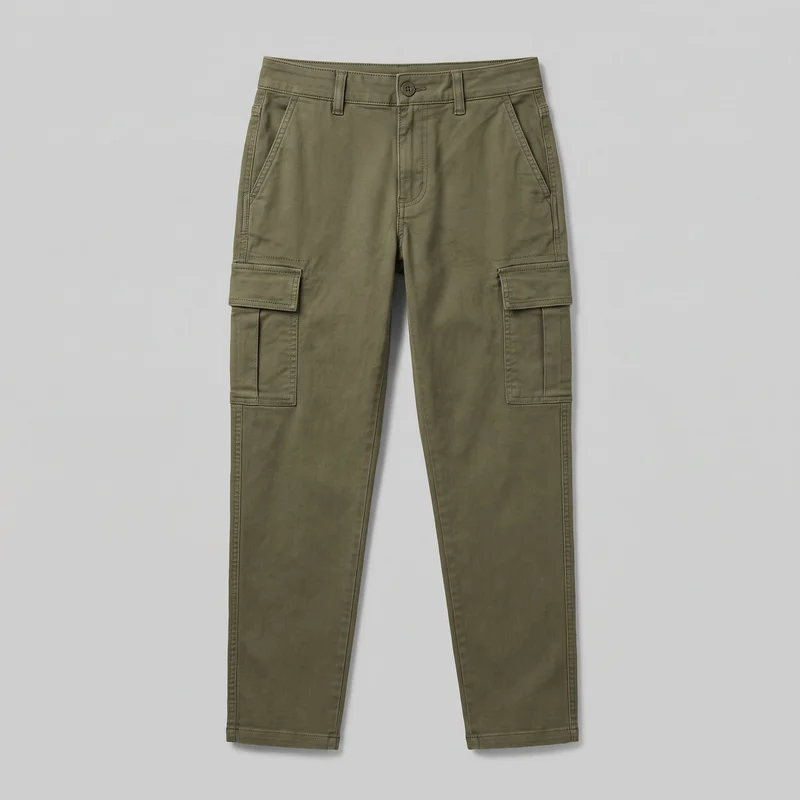 Women's olive utility cargo pants shown in a front flat view, mostly complete from the structured waistband to the full-length straight hems. The pants have multiple belt loops, a visible center button, a defined fly area, two angled hip pockets, and two thigh cargo pockets with rectangular flap closures. Reinforced stitching outlines the waistband, pockets, seams, fly, cargo panels, and hems; no logos, prints, patches, embroidery, or embellishments are visible.