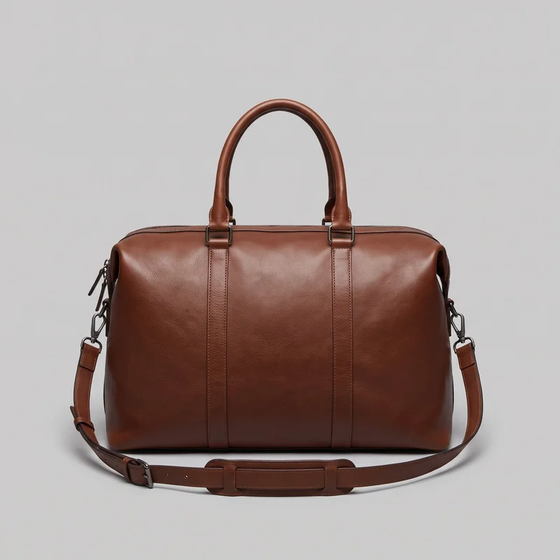 Brown leather weekender duffel bag shown in a standalone front view. It has a rounded rectangular body, arched top carry handles, a zip closure, two vertical front handle-anchor straps, and a detachable adjustable shoulder strap clipped to side hardware.