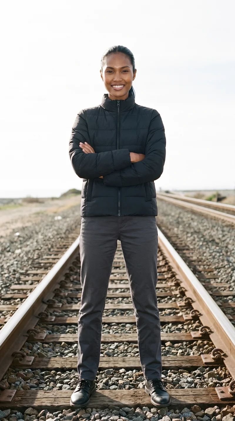 Women's Black Puffer Jacket, Full body at Front, Clean Catalog lighting