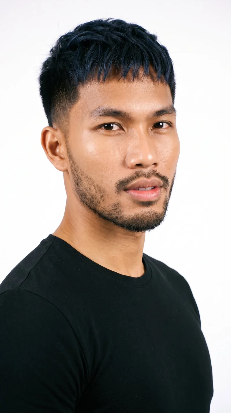 A 24-year-old Southeast Asian man with warm honey-toned skin and a golden undertone. His diamond-shaped face has a narrow forehead and jaw, with the greatest width at the cheekbones. He has thin eyebrows, brown eyes, medium lips, and a short boxed beard with defined edges along the cheeks and jaw. His deep black hair is styled in a short textured crop with layered texture on top and closely cut sides.