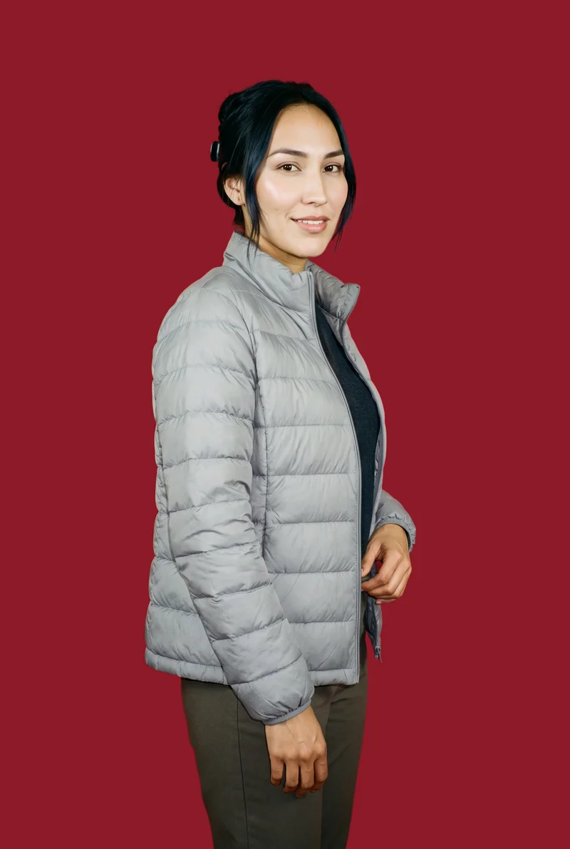 Women's Grey Lightweight Down Jacket, Three-quarter length at Side, Studio Cutout lighting