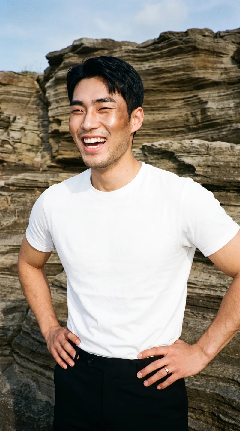 A 19-year-old Korean man is shown from the upper body at an angled front view, laughing with his hands on his hips. He wears a men's rose gold stacking ring. The Badlands appear as the backdrop.