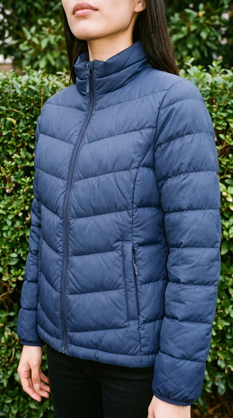 A woman models a women's navy insulated down jacket in a torso-length, angled front view with her arms relaxed. A campus quad serves as the backdrop.