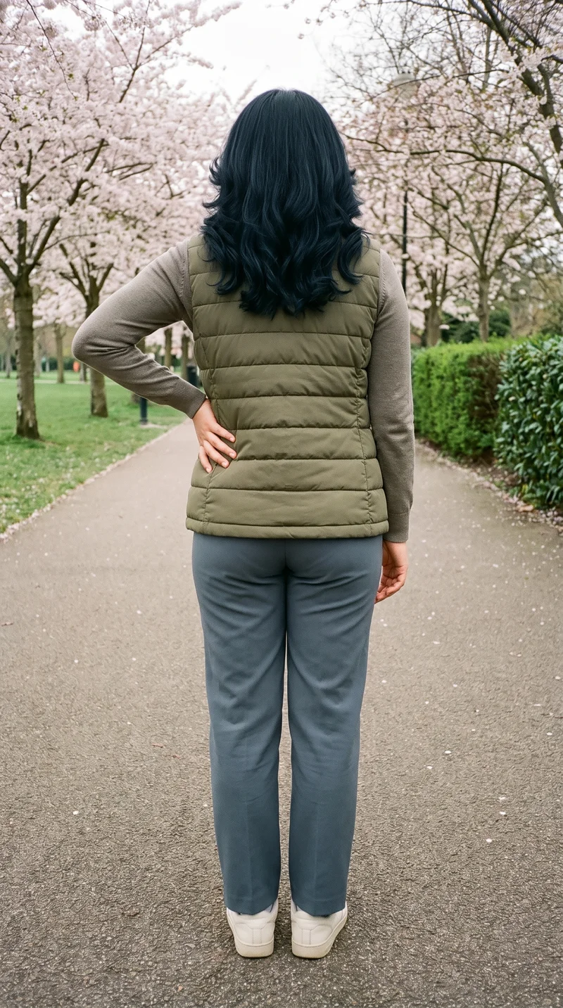 A 22-year-old Southeast Asian woman wears a women's olive gilet in a full-body back view, standing with one hand on her hip. A cherry blossom park forms the backdrop.