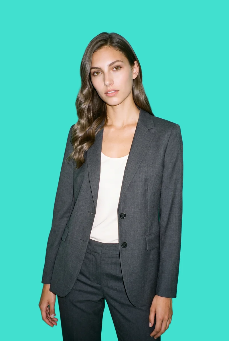 Women's Charcoal Grey Suit, Upper body at Three-quarter, Studio Cutout lighting