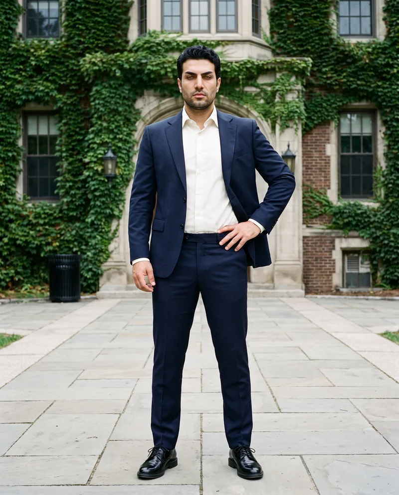 Men's Navy Two-Piece Suit, Full body at Front, Flash Editorial lighting