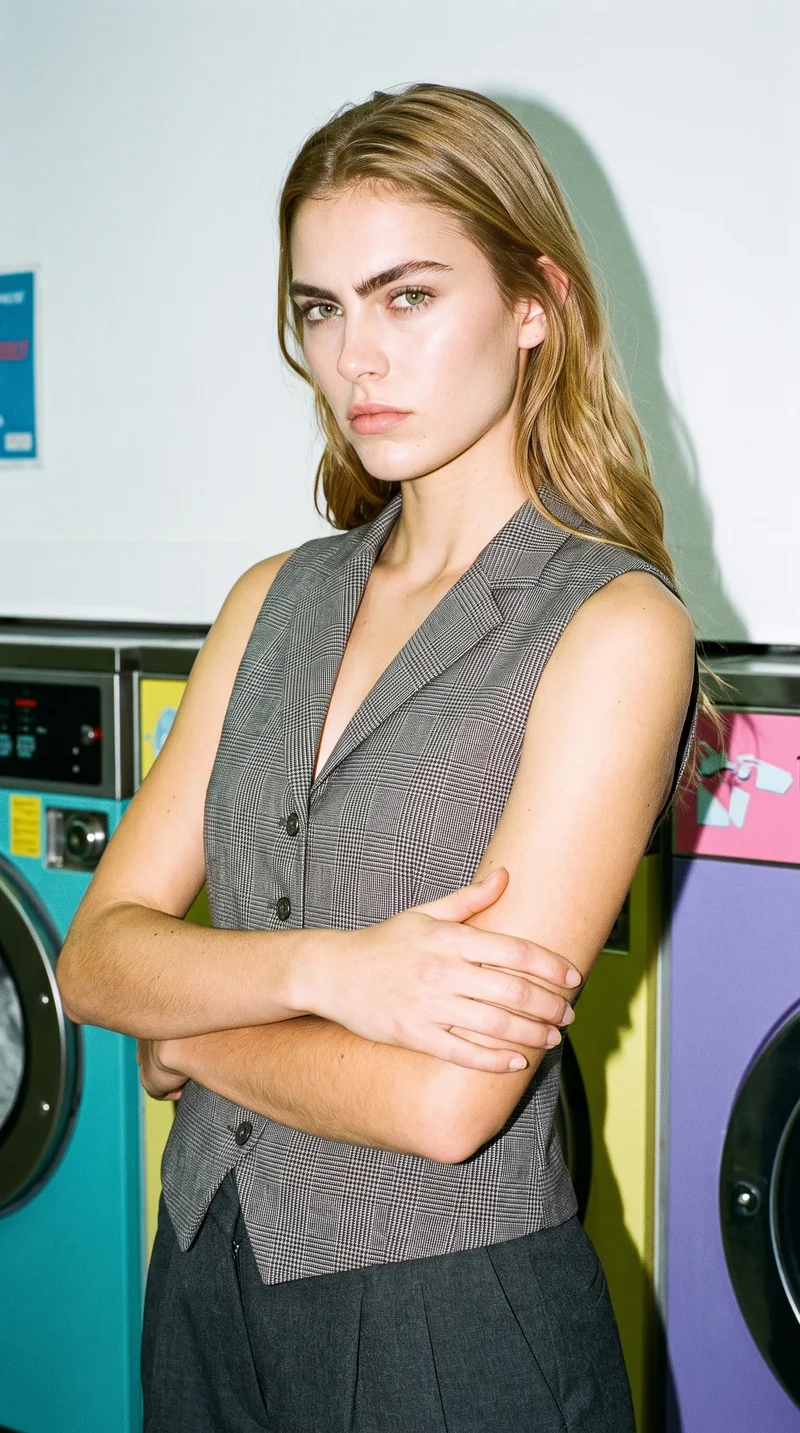 A 20-year-old Caucasian woman is shown from the upper body at a front three-quarter angle, wearing a grey checked waistcoat. She is touching her wrist with an intense facial expression. A laundromat serves as the backdrop.