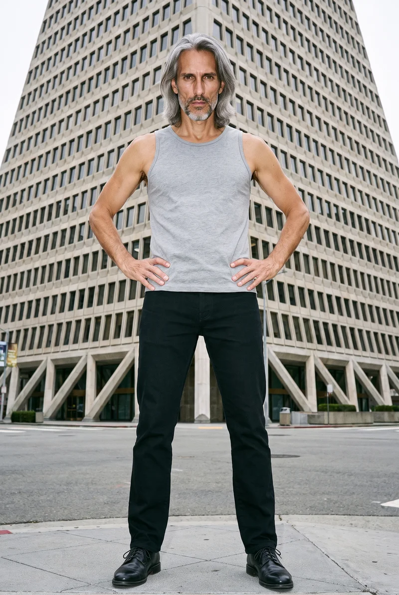 Men's Grey Tank Top, Full body at Front, Flash Editorial lighting