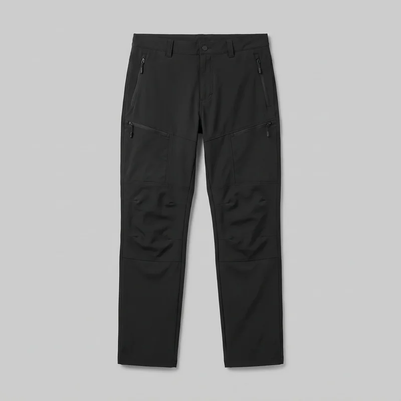 Men's black regular-fit utility cargo trousers laid flat in a full front view. They have a structured waistband with belt loops, a front fly with a visible button, straight legs and hems, angled zippered hand pockets at the hips, diagonal zippered cargo pockets across the upper thighs, panel seams through the legs, knee-panel seaming, and small shaping darts around the knees.