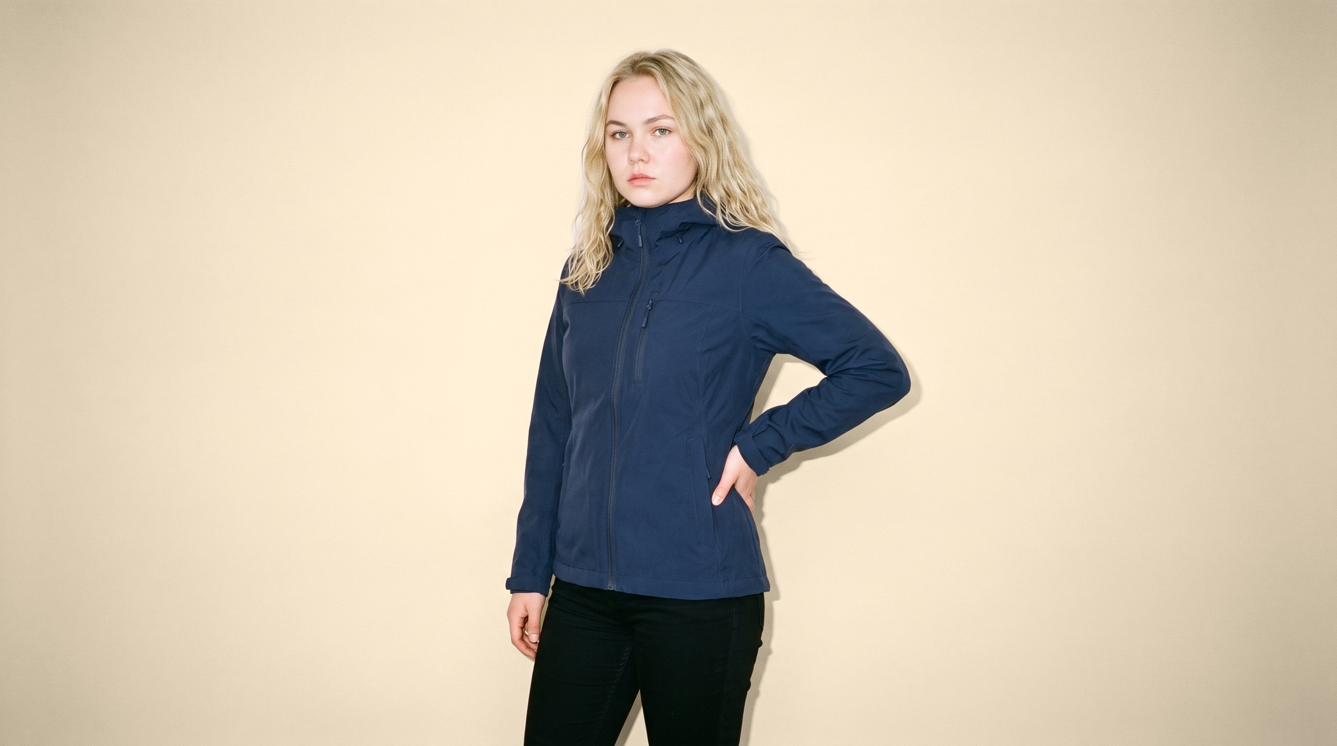 A 22-year-old Slavic woman wears a women's navy rain-shell jacket in a three-quarter-length, angled front view. She stands with one hand on her hip and a serious expression against a champagne studio-wall backdrop.