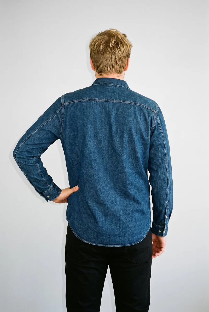 A 22-year-old Caucasian man wears an indigo denim shirt in a rear upper-body view, with one hand resting on his hip. A fog grey studio-wall backdrop frames the composition.