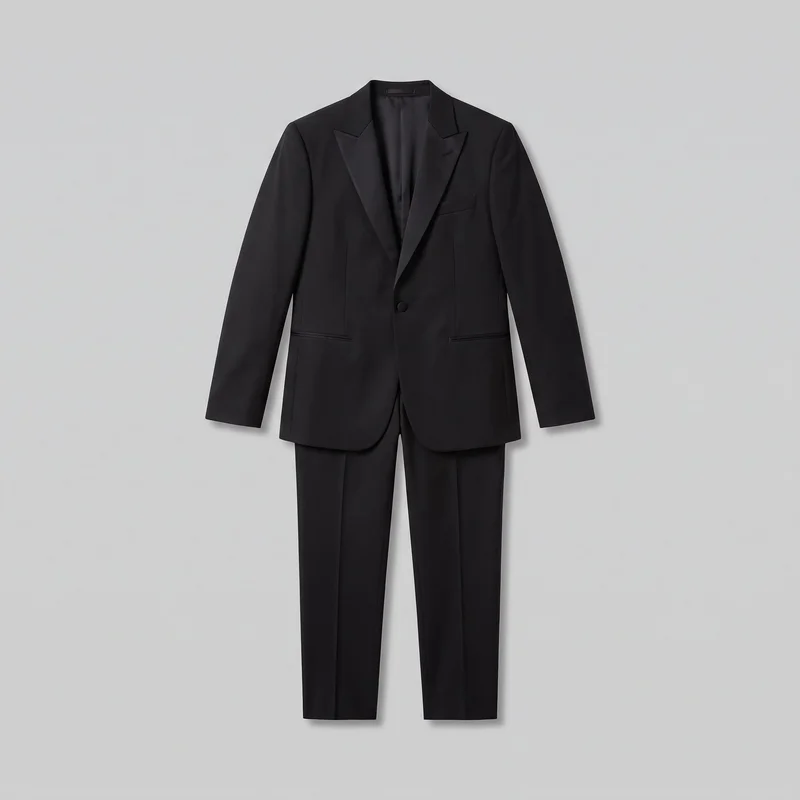 A black two-piece tuxedo suit is shown in a standalone front view, with the blazer layered over matching trousers. The blazer has structured shoulders, a hip-length cut, long straight sleeves, a low V front, peaked lapels, a single-button closure, a welt chest pocket, and two horizontal welt hip pockets. The trousers have a tailored straight-leg silhouette, full-length legs, straight hems, and pressed center creases.