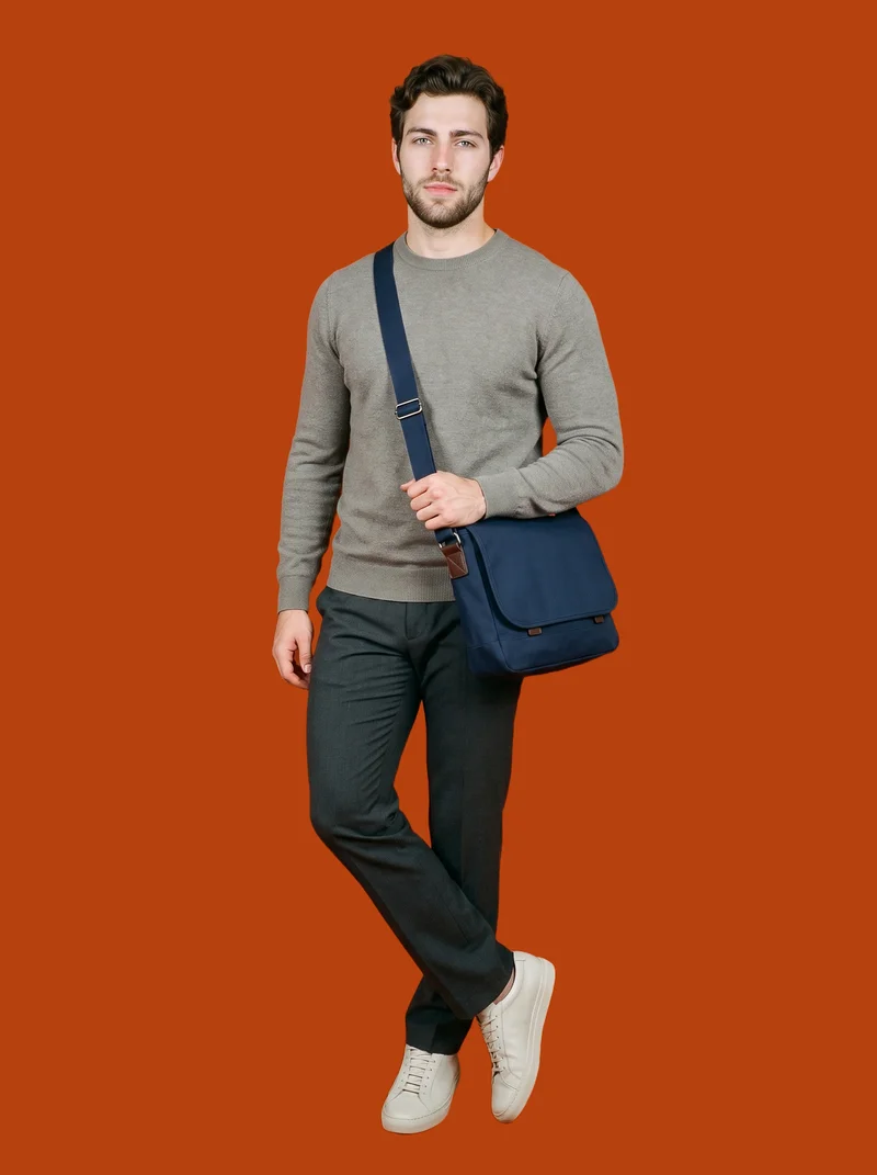 Navy Messenger Bag, Full body at Three-quarter, Studio Cutout lighting