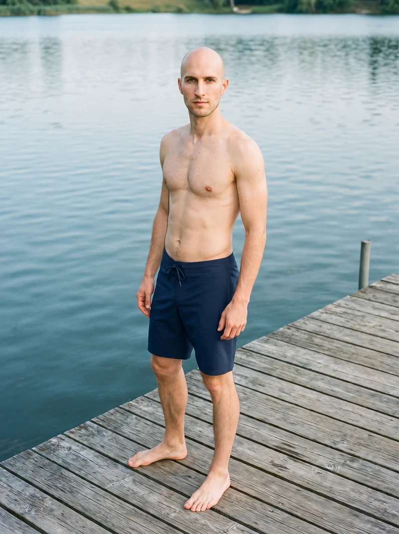 A 31-year-old Caucasian man models navy board shorts in a full-body view from a front three-quarter angle. He stands with one hip out and a neutral facial expression against a lakeside dock backdrop.
