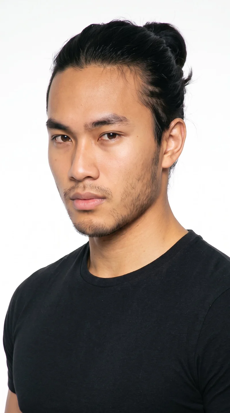 An 18-year-old Southeast Asian man with a warm honey skin tone and golden undertone. His oval face has balanced proportions and a softly rounded jaw, with thin eyebrows, very dark near-black eyes, and medium lips. His deep black hair is gathered into a knot at the back with the sides drawn up, and fine, closely trimmed stubble lightly covers the beard area.