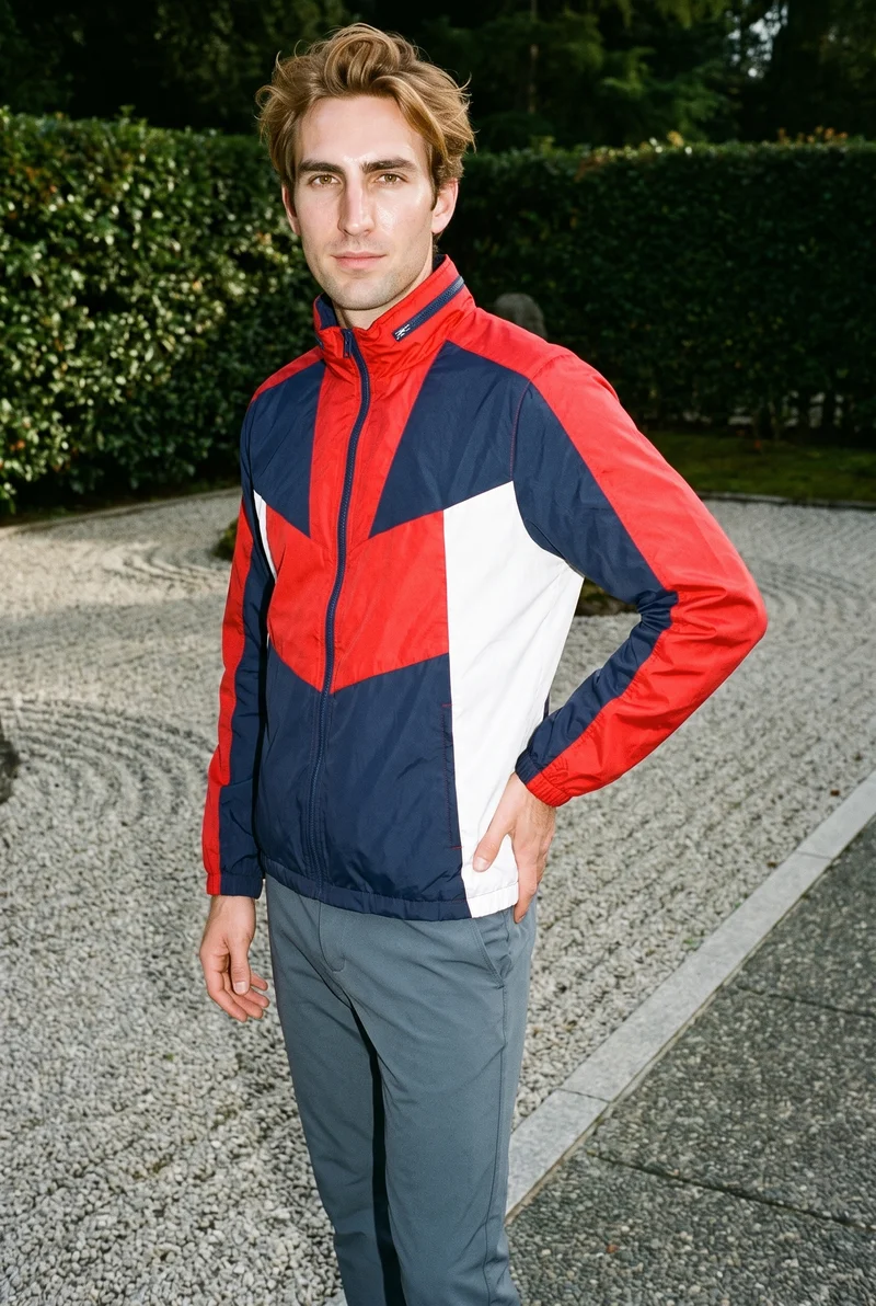 Men's Red Colour-Block Windbreaker, Three-quarter length at Three-quarter, Flash Editorial lighting
