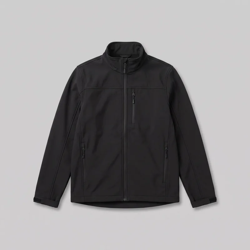 A black men's softshell jacket is laid flat in a complete front view. It has a high stand collar, long sleeves with adjustable cuff tabs, a full-length center zipper, a vertical zip chest pocket, two lower zip pockets, shoulder and chest yoke panels, vertical side seams, and stitched seam edging.