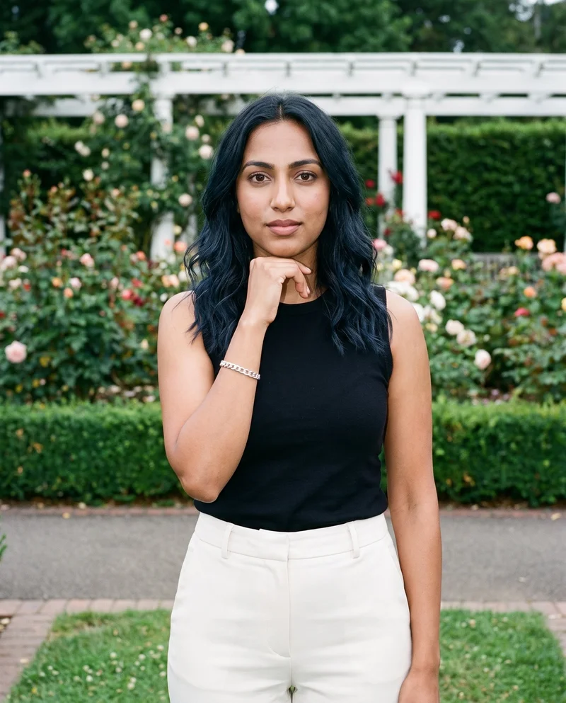 A 24-year-old Arab woman is shown in an upper-body front view with her wrist held beside her jaw, displaying a women's silver chain bracelet. Her confident expression and the rose garden pergola backdrop are visible.