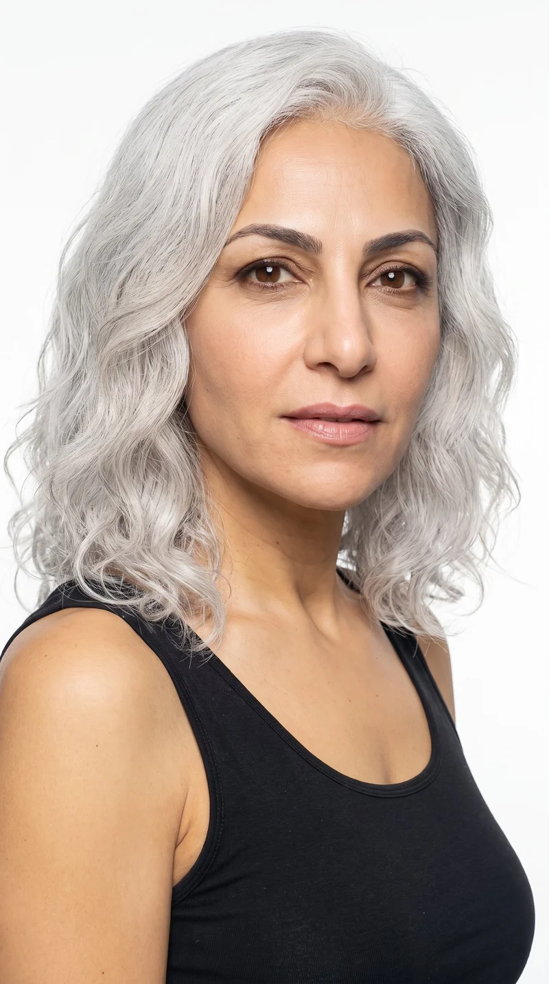 A 58-year-old Arab woman with medium olive skin and a warm golden undertone. Her heart-shaped face has a wider forehead that narrows to a more pointed chin, with medium-thickness eyebrows, medium lips, and brown eyes. Her hair is silver-grey with a cool shine and styled in soft waves.