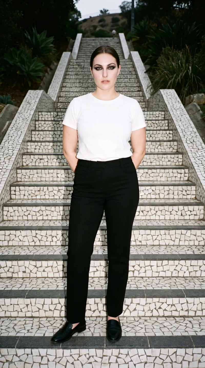 A 25-year-old Caucasian woman wears black tailored trousers in a full-body front view, standing with her hands behind her back and a sultry expression. A tiled stairway summit forms the backdrop.