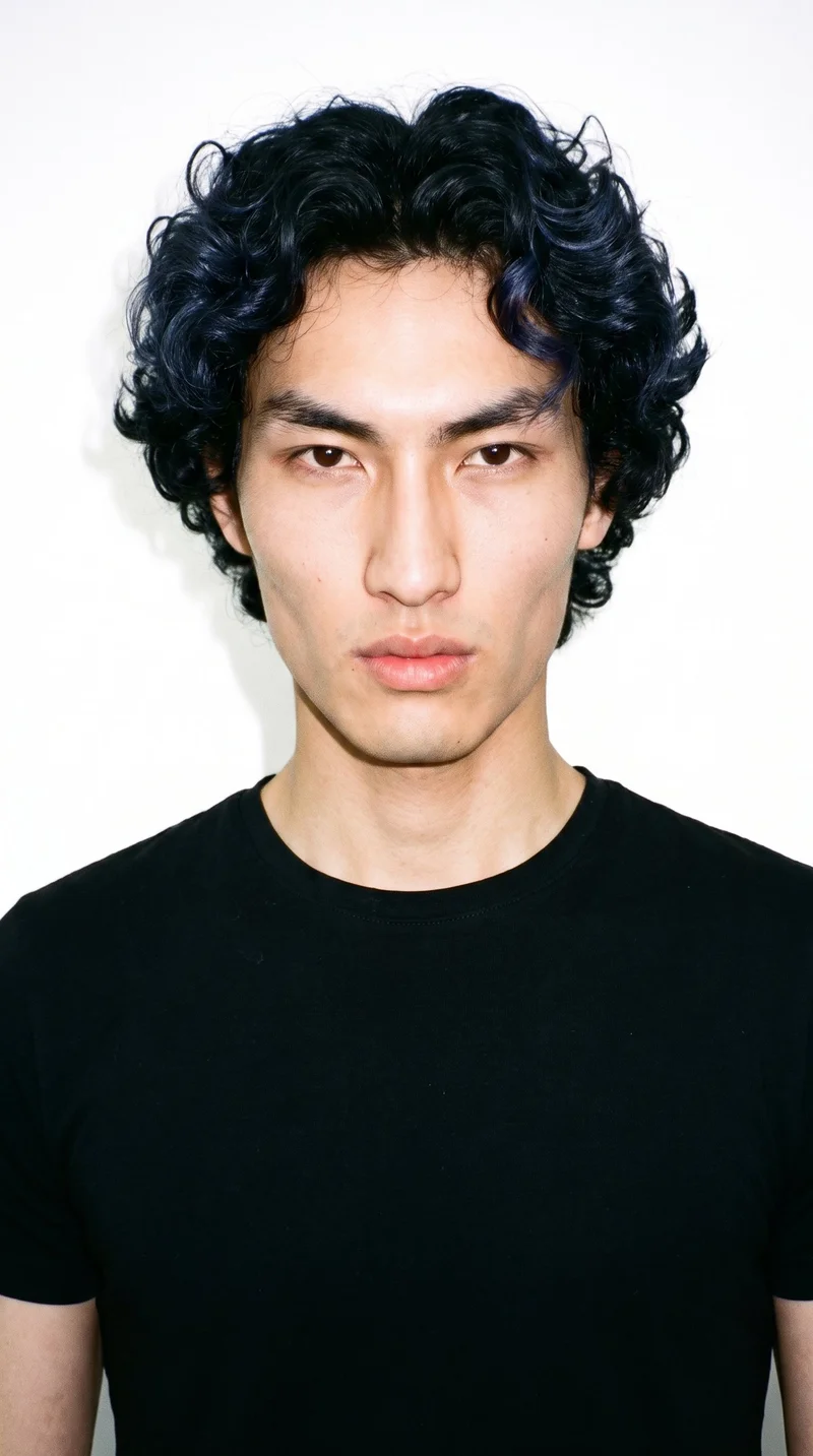 A 22-year-old Chinese man with a medium, neutral-undertone skin tone and East Asian facial features. His face is lean and gaunt, with hollowed cheeks and sharply sculpted bone structure. He has medium-thickness eyebrows, very dark near-black eyes, and full lips. His black hair forms defined, springy curls with natural volume. He is clean-shaven, with smooth skin across the entire face.