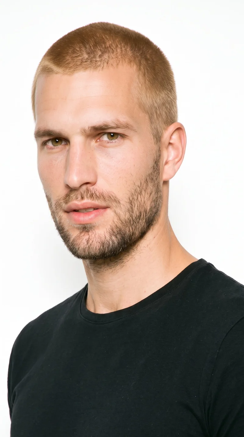 A 32-year-old Caucasian man with lightly tanned fair skin and a neutral undertone. His square face has a strong, defined jaw, a broad forehead, and an angular, structured shape. He has thick eyebrows, hazel eyes with green-gold flecks, and full lips. His hair is warm golden blonde, clipped very short and evenly in a buzz cut, and he has short, even three-day beard growth with a closely groomed texture.