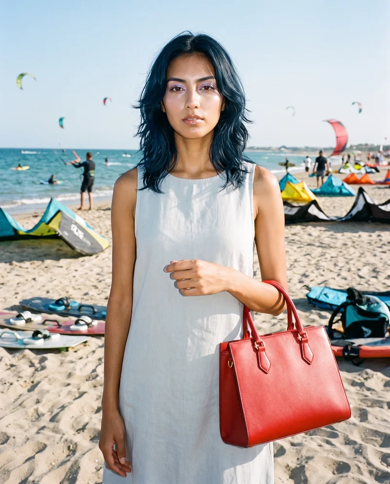 A 20-year-old Hispanic woman wears a red top-handle handbag on her shoulder, shown in a three-quarter-length front view. The handbag is the main focus, with a kitesurfing beach backdrop.