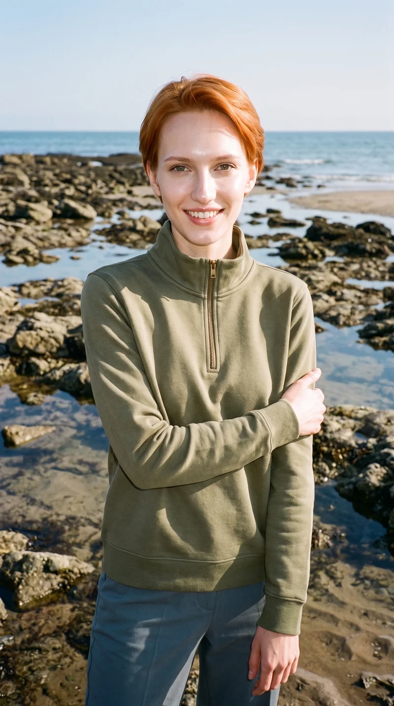 Women's Olive Quarter-Zip, Three-quarter length at Front, Natural E-Commerce lighting