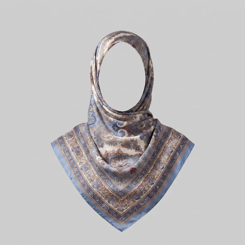 A printed silk hijab is arranged in a face-framing hood shape, with a smooth rounded crown opening, overlapping layers around the neck, and fabric draping over the shoulders into a pointed front section. The all-over design features ornate paisley and floral motifs, concentric border bands around the edges, a larger central medallion-style paisley arrangement on the front drape, and visible finished edges.
