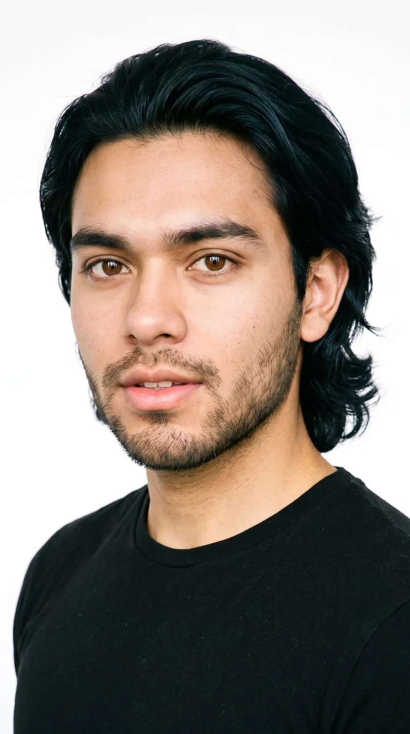 A 19-year-old Hispanic male with medium olive skin and a neutral, greenish-golden undertone. His face is round, with soft, full contours, gentle curves, and few angles. He has thick eyebrows, brown eyes, and thin lips. His deep black hair is medium to long, brushed back with body and movement extending past the ears. Short, even beard growth creates a clearly visible, closely groomed texture.