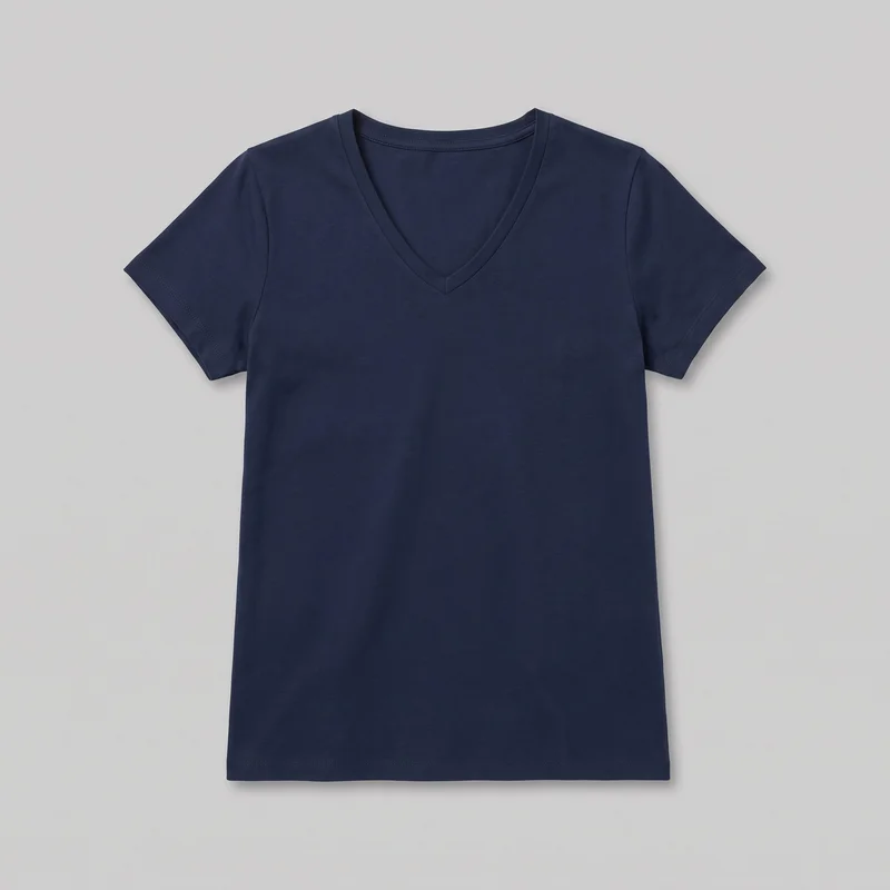 A complete navy women's short-sleeve V-neck T-shirt is shown flat in a standalone front view. It has a regular straight silhouette, set-in shoulders, straight side seams, a bound V neckline with a mitered point, and a straight full-length bottom hem. Double-needle stitching is visible at the sleeve openings and bottom hem, with no visible pockets, closures, logos, prints, patches, embroidery, or other embellishments.