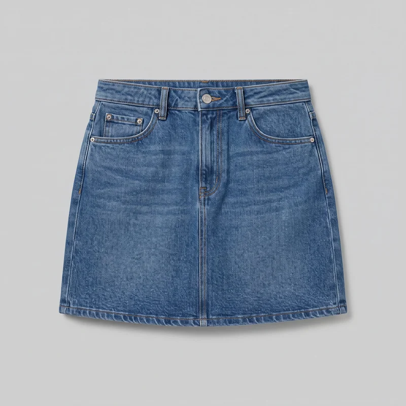 A denim A-line mini skirt is shown laid flat in a standalone front view. It has a high-rise waistband with a single button closure, belt loops, a fly placket, five-pocket styling with curved scoop pockets and a small coin pocket, visible rivets, and contrast double topstitching along the waistband, pockets, seams, fly, and hem.