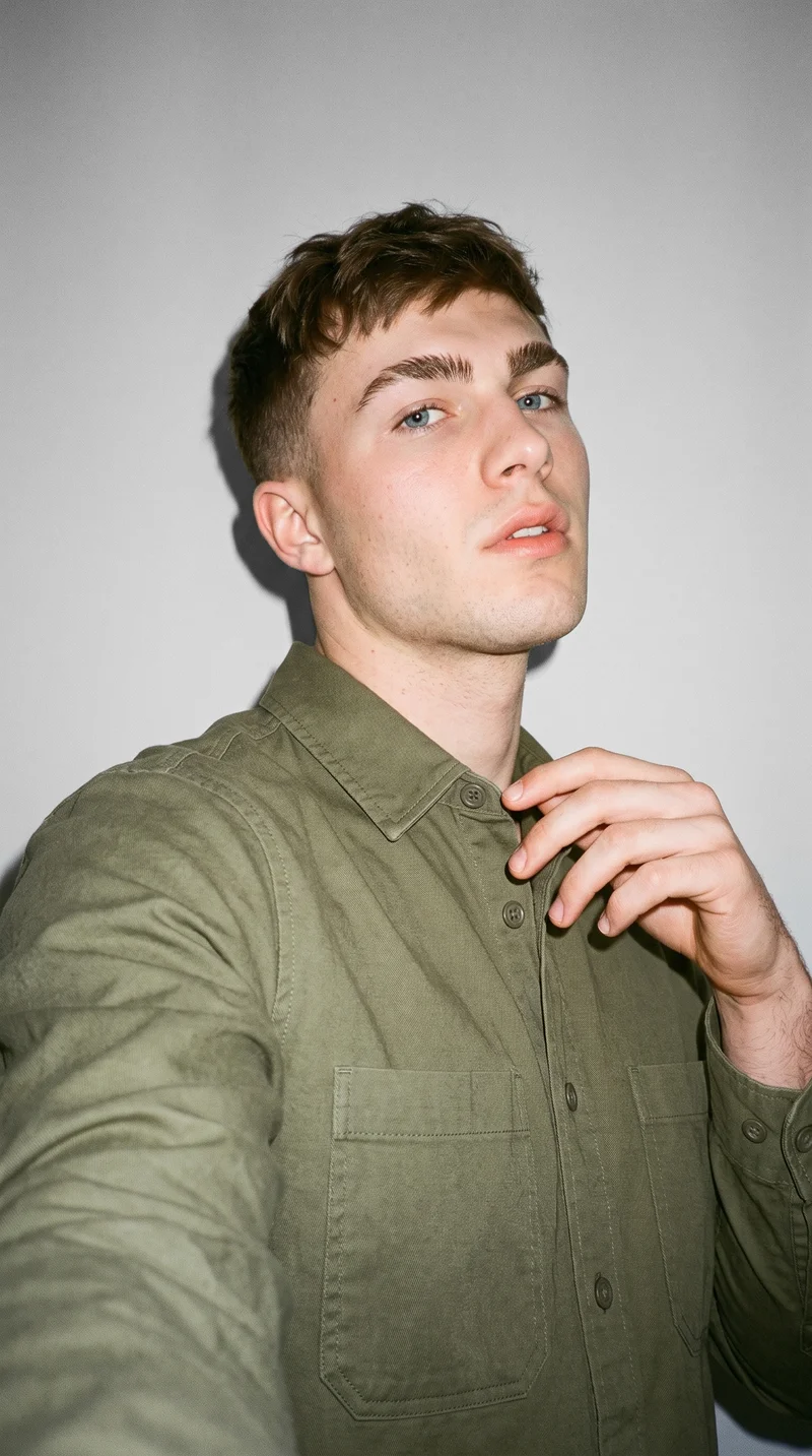 A 20-year-old Caucasian man wears an olive cotton overshirt in a front-view, over-the-shoulder selfie with a serious expression. A pearl grey studio-wall backdrop frames the composition.