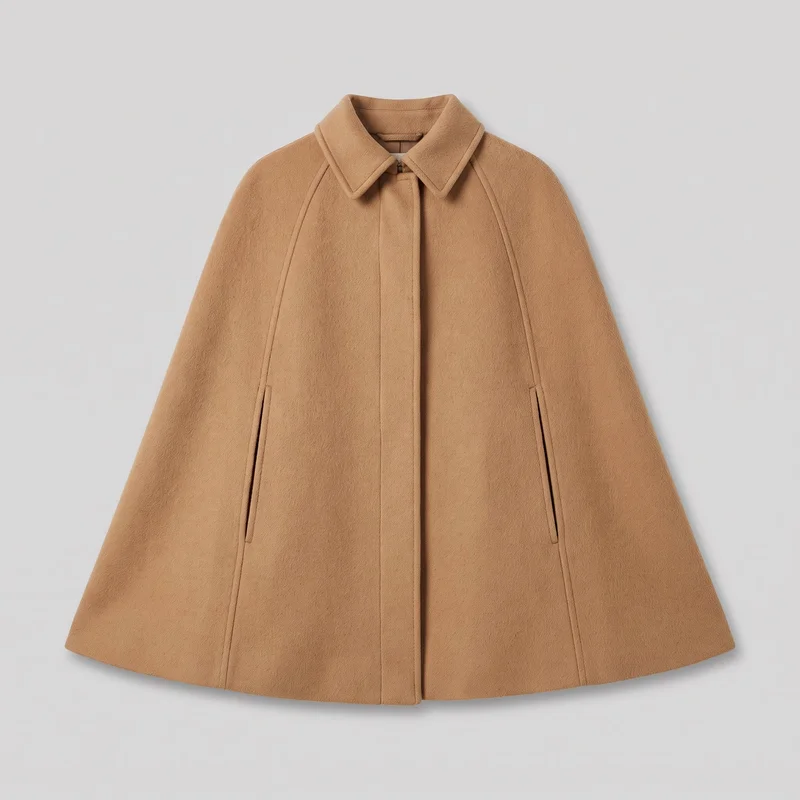 Camel wool cape coat shown laid flat in a standalone front view. The outerwear has a broad foldover pointed collar, concealed full-length front placket with a small fastening at the neck, curved shoulder-to-hem panel seams, vertical welt-trimmed arm slits, and a relaxed flared A-line silhouette ending in a wide straight hem.