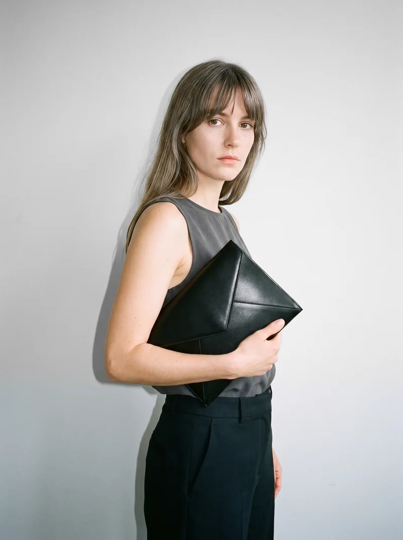 A 37-year-old Slavic woman is shown in an upper-body view at a front three-quarter angle, holding a black satin clutch with her arms relaxed. Her intense facial expression is visible against a pearl grey studio-wall backdrop.