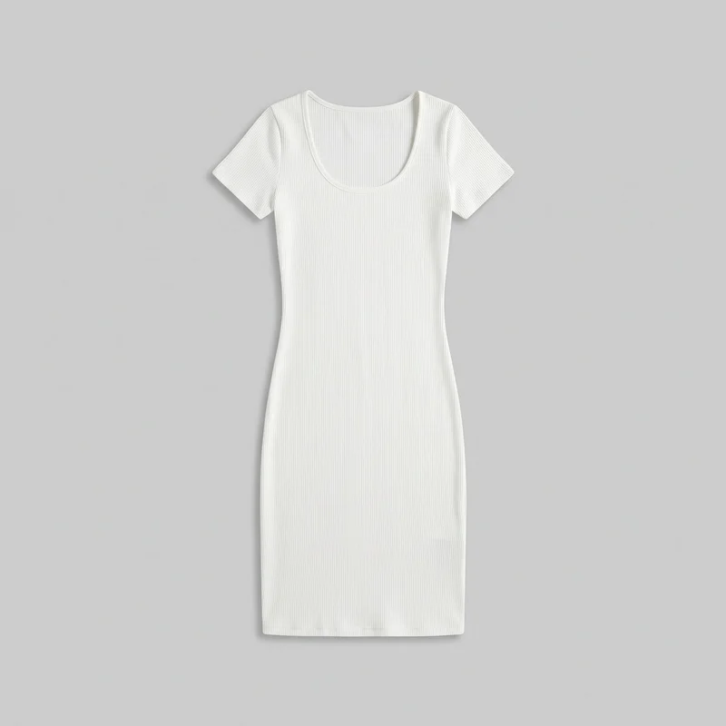 A white women's ribbed knit bodycon dress is shown in a front flat-lay view. The full garment has a scoop U neckline with a narrow bound edge, short set-in sleeves, a fitted waist, a straight skirt, and vertical ribbing throughout the bodice, sleeves, and skirt.