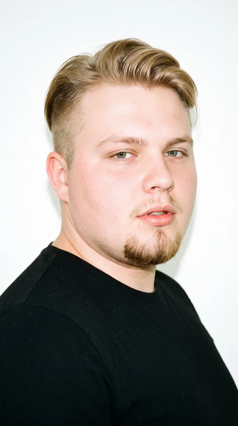 A 19-year-old Caucasian man with very pale skin and a peach undertone has an oval face with balanced proportions and a softly rounded jaw. His thin eyebrows frame hazel eyes with green-gold flecks, and he has medium-sized lips. His mid-tone blonde hair is styled in an undercut, with longer hair on top and markedly shorter sides and back. A compact goatee is centered on his chin, while his cheeks remain clear.