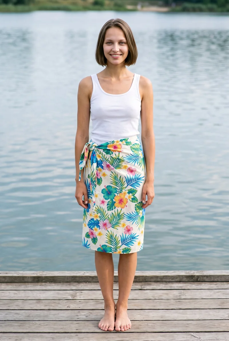 A 20-year-old Slavic woman stands straight in a full-body, front-view composition wearing a women's floral print sarong. She has a natural facial expression, with a lakeside dock as the backdrop.