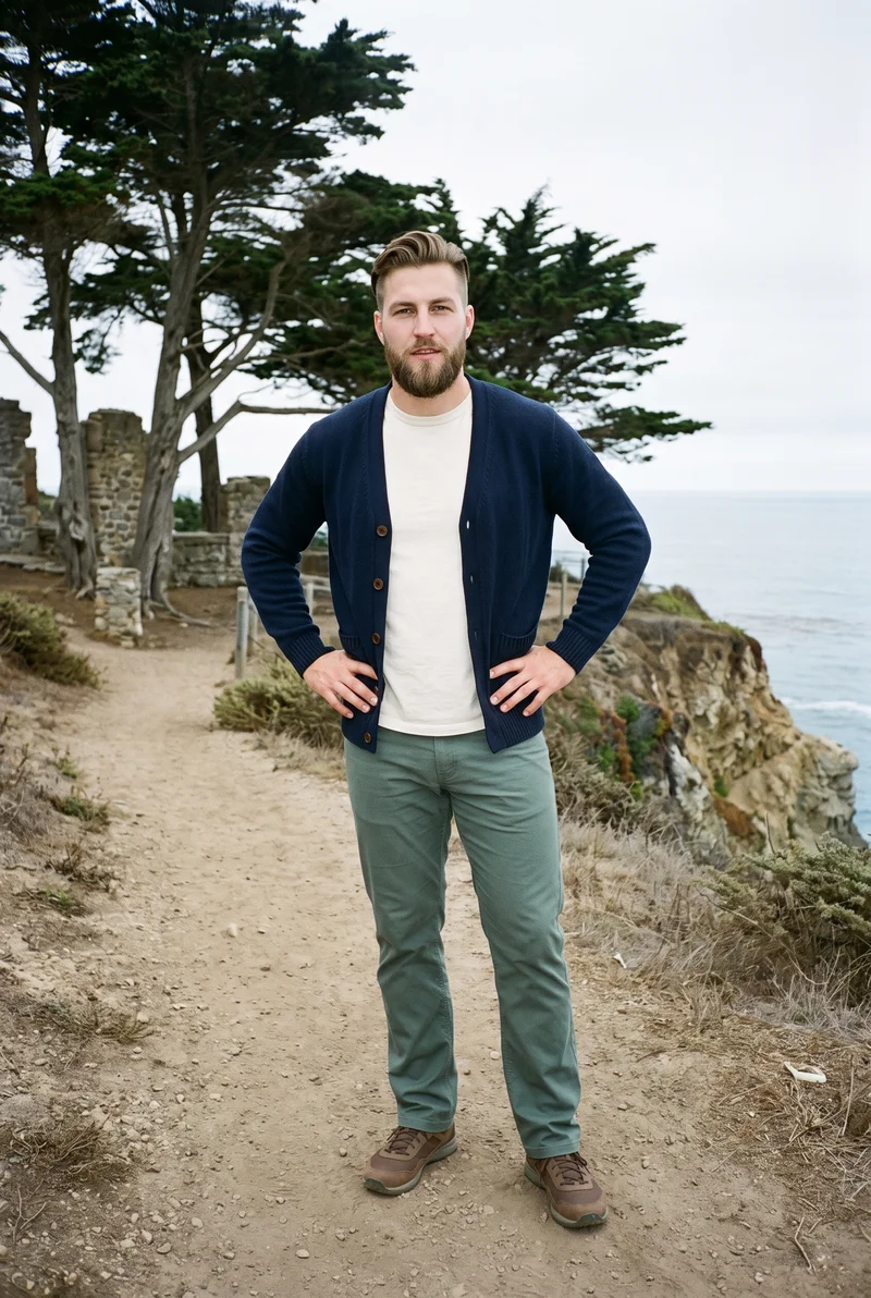A 26-year-old Caucasian man wears a men's navy wool cardigan in an environmental front-view photograph. He stands with a wide stance and a natural expression against a backdrop labeled Coastal Trail Cypress Ruins.