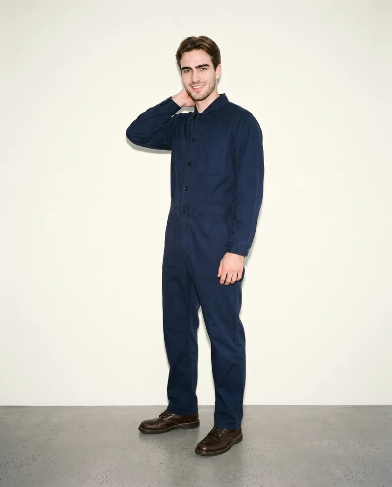 Men's Navy Cotton Boilersuit, Full body at Three-quarter, Natural E-Commerce lighting