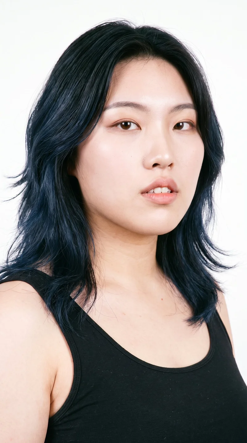This 22-year-old Chinese woman has fair skin with a neutral undertone and an oval face with balanced proportions and a softly rounded jaw. Her thick eyebrows frame very dark, near-black eyes, and she has medium-sized lips. Her deep black hair is styled in a layered butterfly cut with shorter face-framing pieces and added volume. No facial hair is specified.