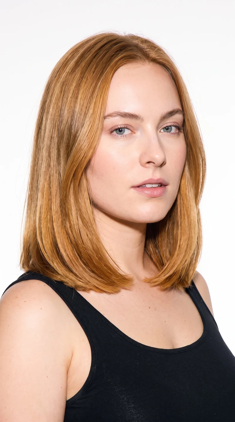 A 25-year-old Caucasian woman with lightly tanned fair skin and a neutral undertone. Her oval face has balanced proportions and a softly rounded jaw. She has thin eyebrows, blue eyes with a cool undertone, and thin lips. Her warm honey-blonde hair is styled in a long bob that falls between the chin and shoulders.