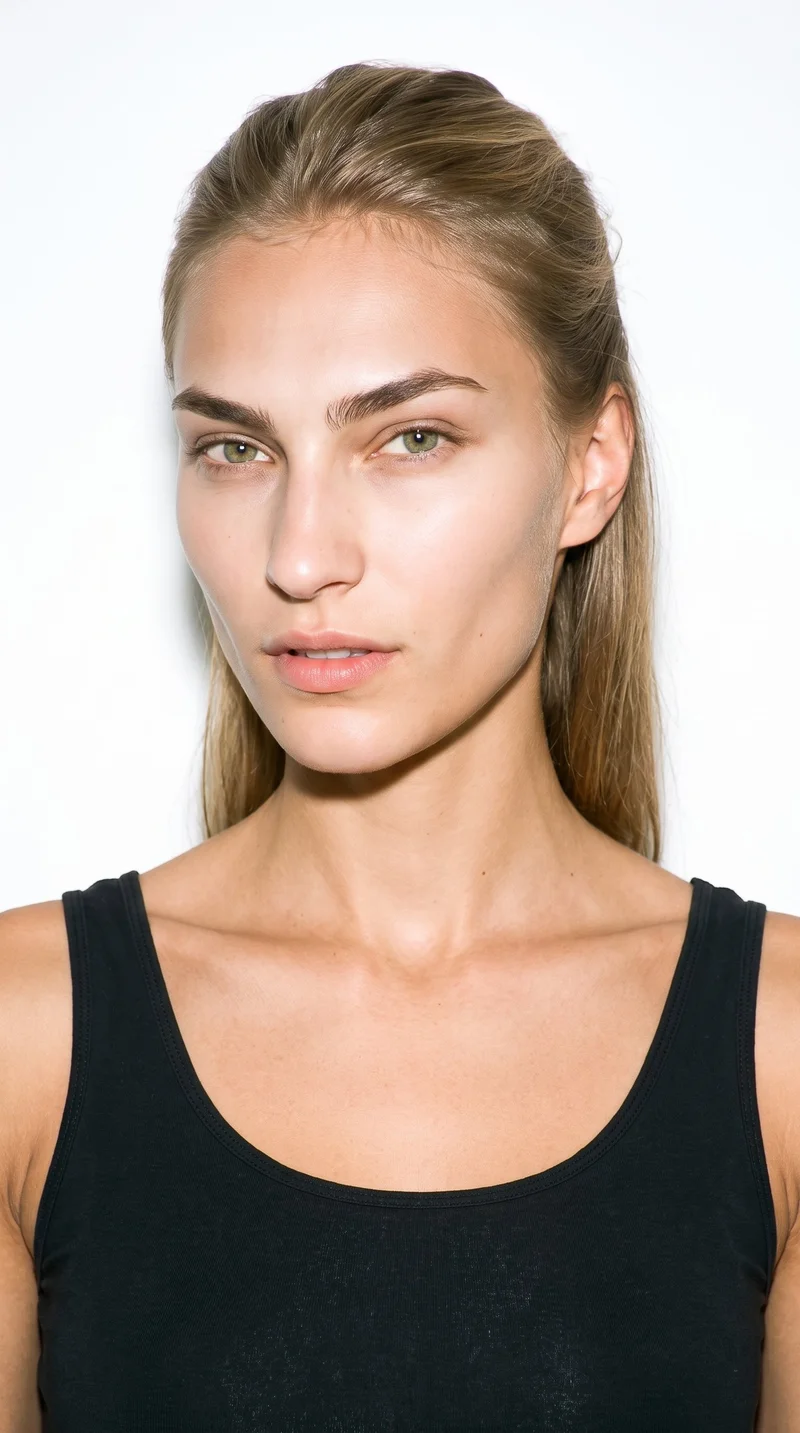 This 19-year-old Slavic woman has a light-tan complexion with a neutral undertone and an angular face defined by sharp cheekbones and a structured jawline. Her medium-thickness eyebrows frame green eyes, and she has thin lips. Her darker, slightly muted blonde hair is styled half up and half down, with the upper section pulled back and the lower lengths hanging loose.